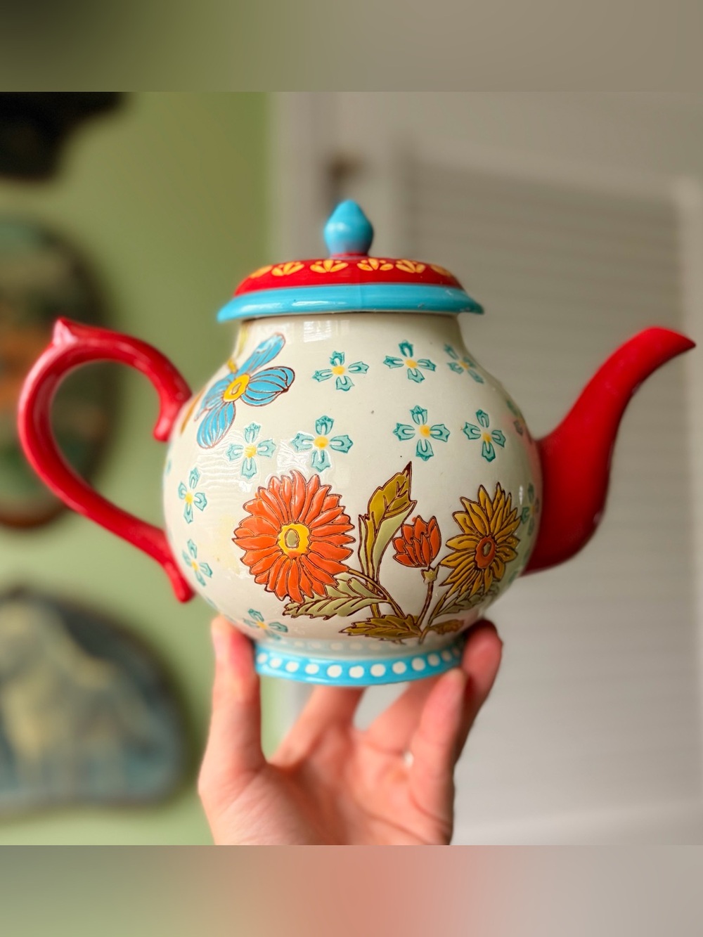 Vintage Ceramic Hand Painted Glazed Floral Kitchen Teapot by Dutch Wax